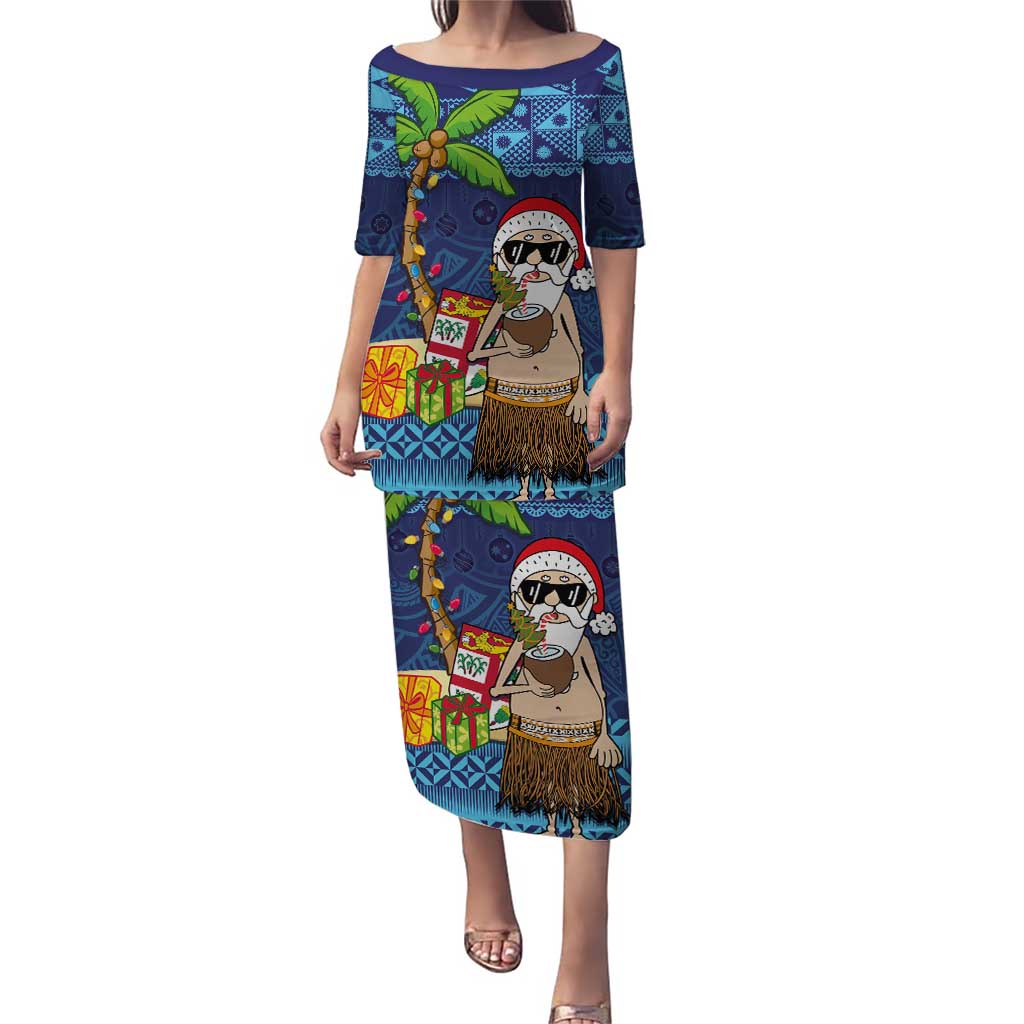 The Funny Santa Wears Sulu Christmas Puletasi Fijian Christmas Palm Tree With Masi Art Tattoo LT03 Long Dress Blue - Polynesian Pride