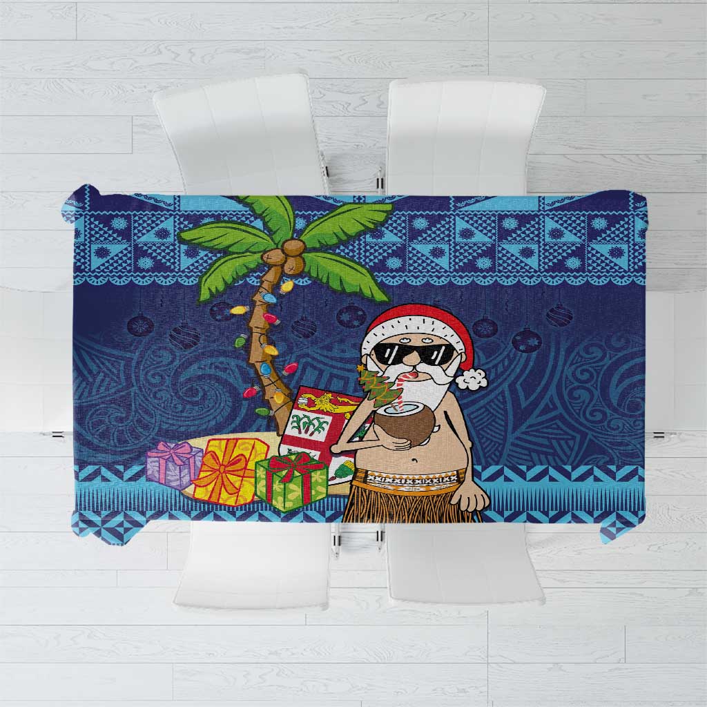 The Funny Santa Wears Sulu Christmas Tablecloth Fijian Christmas Palm Tree With Masi Art Tattoo LT03 Blue - Polynesian Pride