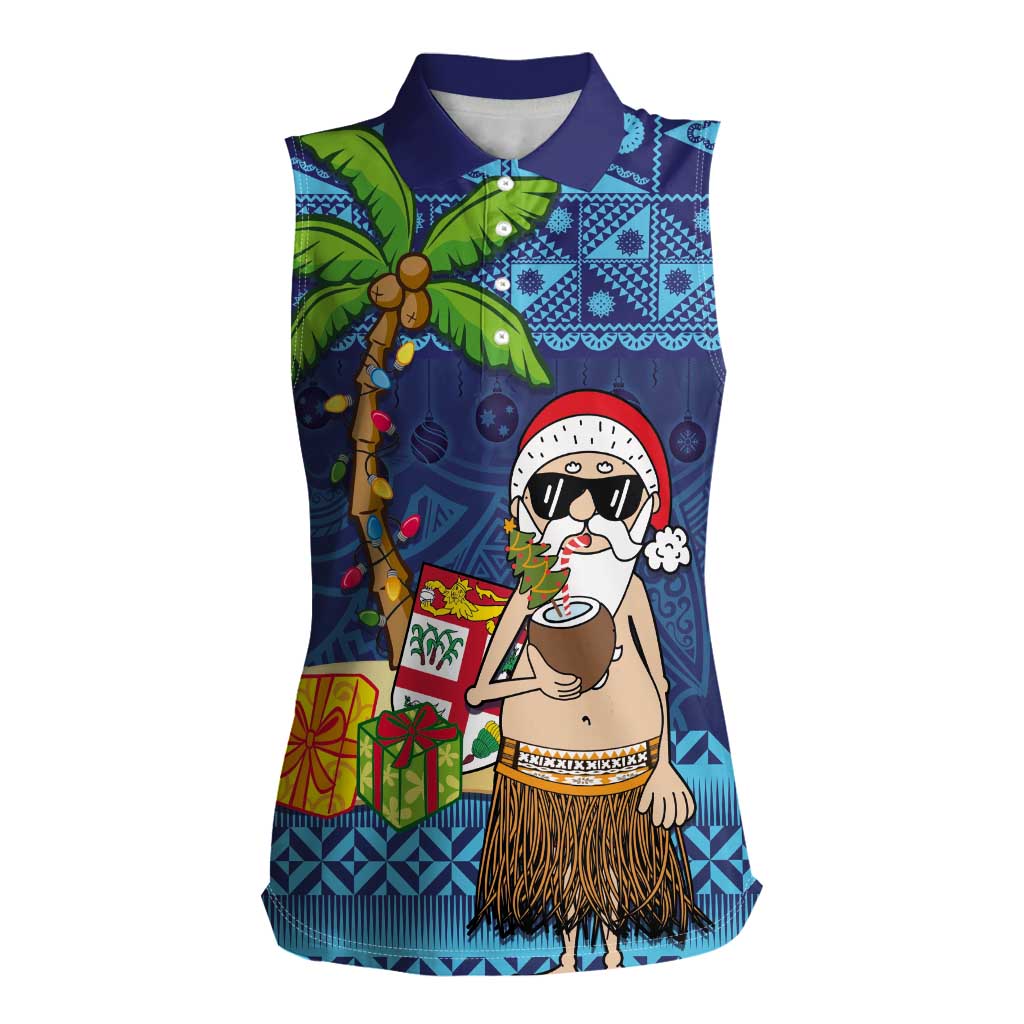 The Funny Santa Wears Sulu Christmas Women Sleeveless Polo Shirt Fijian Christmas Palm Tree With Masi Art Tattoo