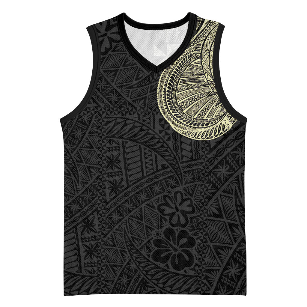 Tongan Ngatu Tribal Tattoo Basketball Jersey Chest-to-Arm Sleeve Style Gold and Black