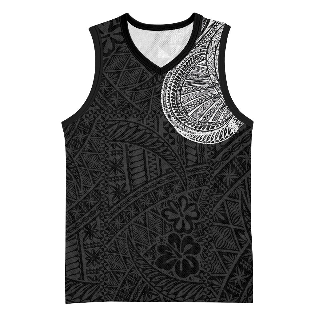 Tongan Ngatu Tribal Tattoo Basketball Jersey Chest-to-Arm Sleeve Style Black