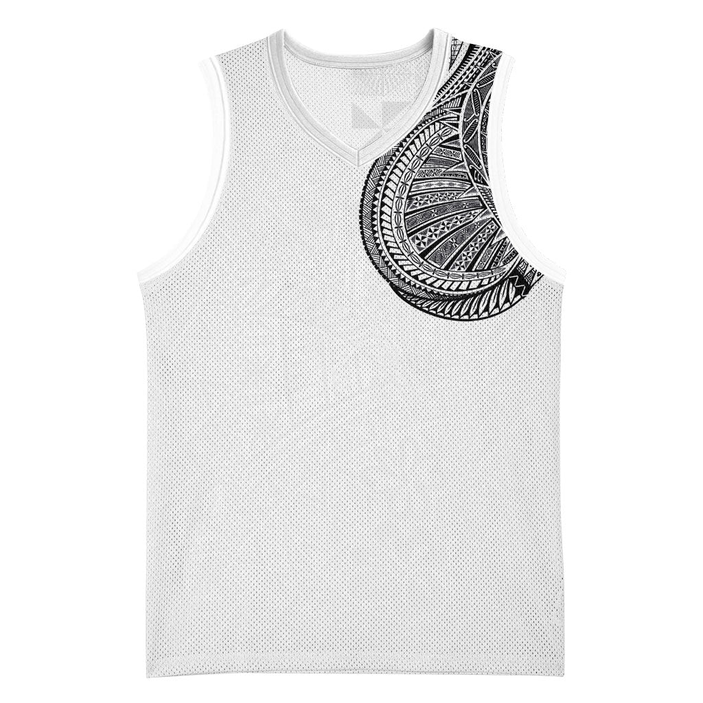 Tongan Ngatu Tribal Tattoo Basketball Jersey Chest-to-Arm Sleeve Style White