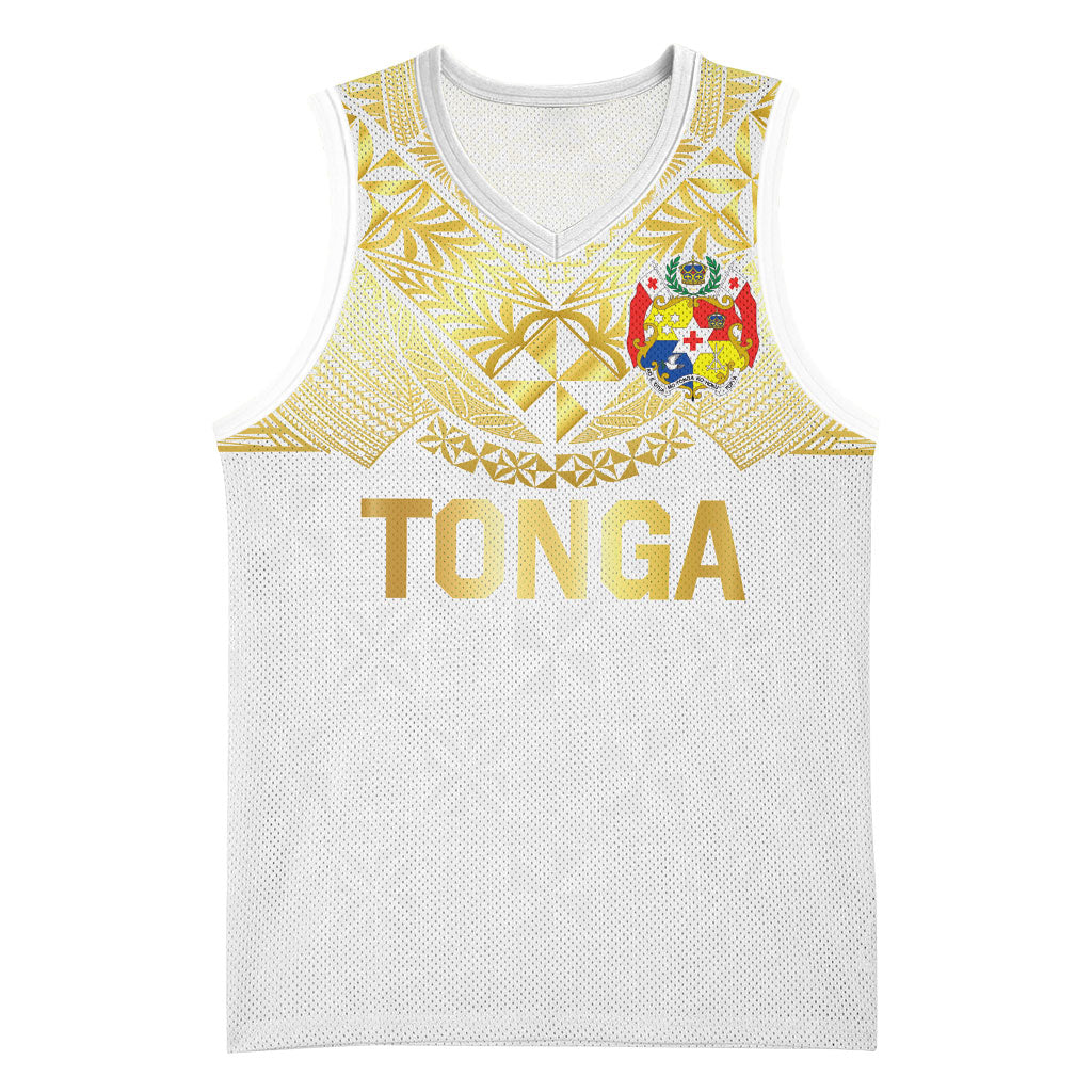 Tongan Ngatu Tribal Tattoo Basketball Jersey with Coat of Arms and Pacific Pattern Gold Version