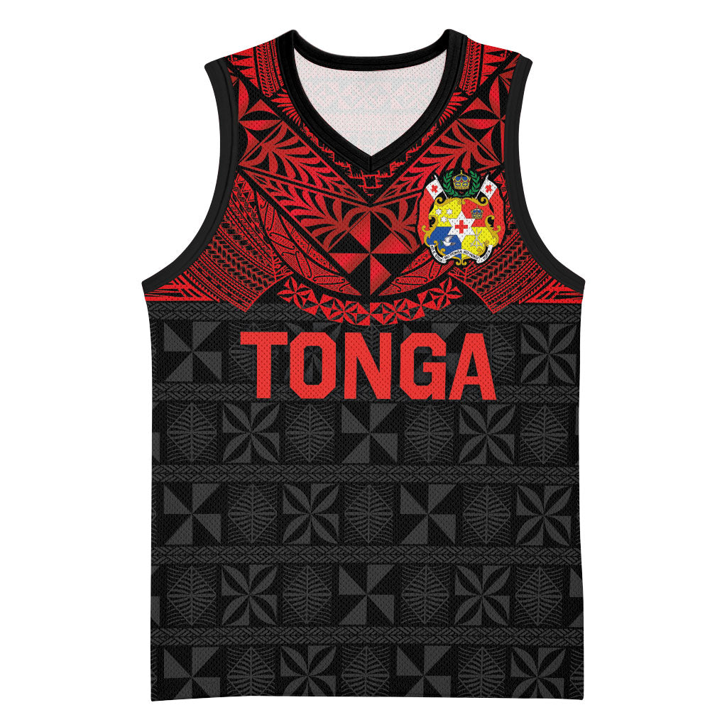 Tongan Ngatu Tribal Tattoo Basketball Jersey with Coat of Arms and Pacific Pattern Red Color