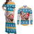 Custom Hawaii Mele Kalikimaka Couples Matching Off Shoulder Maxi Dress and Long Sleeve Button Shirt Funny Santa and Coconut Mix Kakau Pattern LT03 Blue - Polynesian Pride