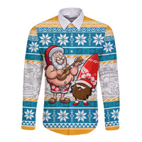Custom Hawaii Mele Kalikimaka Long Sleeve Button Shirt Funny Santa and Coconut Mix Kakau Pattern LT03 Unisex Blue - Polynesian Pride