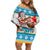 Custom Hawaii Mele Kalikimaka Off Shoulder Short Dress Funny Santa and Coconut Mix Kakau Pattern LT03 Women Blue - Polynesian Pride