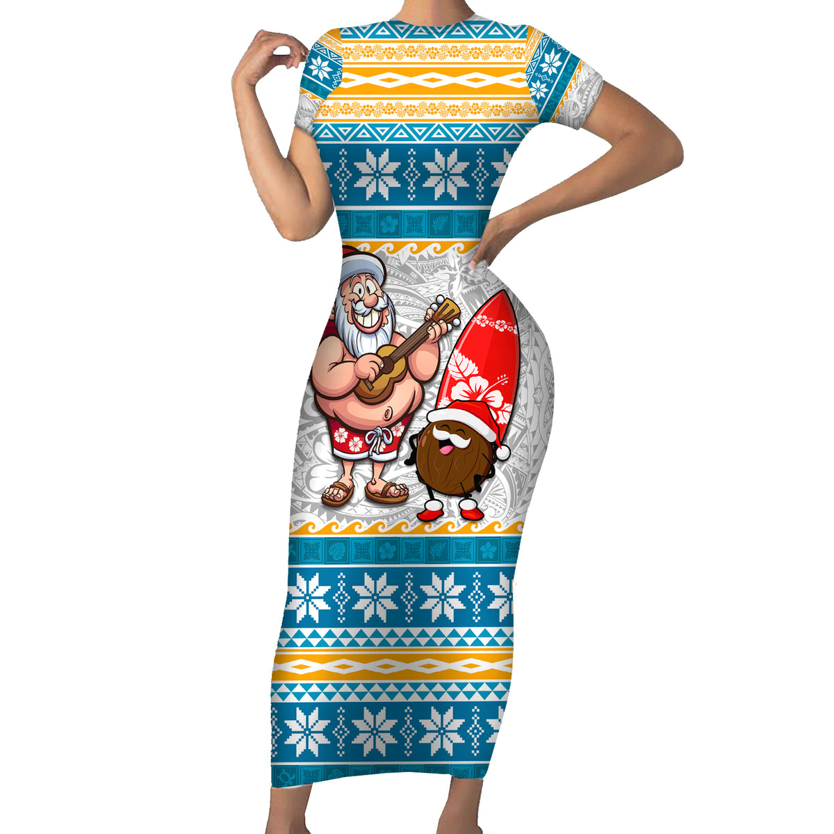 Custom Hawaii Mele Kalikimaka Short Sleeve Bodycon Dress Funny Santa and Coconut Mix Kakau Pattern LT03 Long Dress Blue - Polynesian Pride