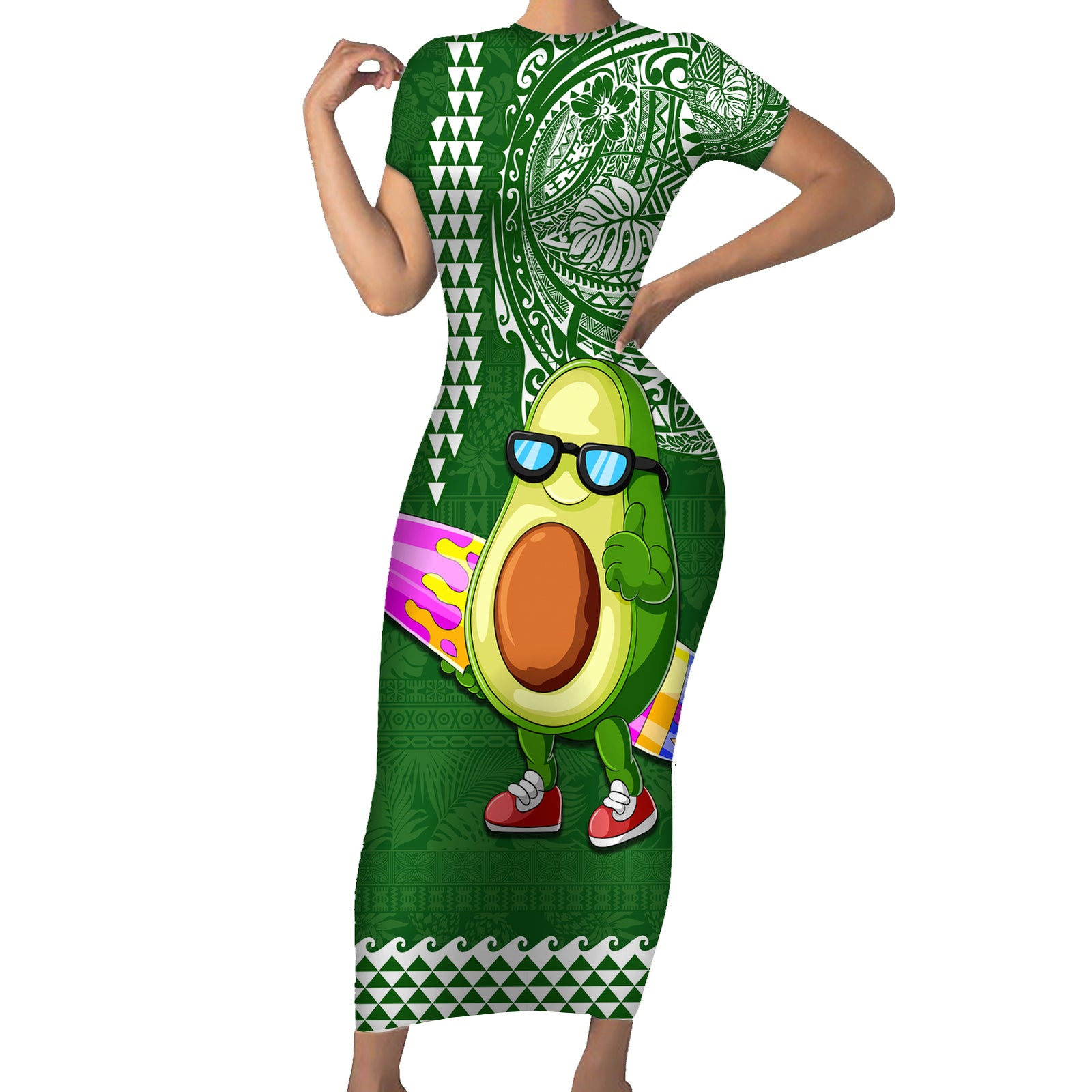 Aloha Avocado Funny Fruits Custom Short Sleeve Bodycon Dress Mix Hawaiian Kakau Tribal LT03 Long Dress Green - Polynesian Pride