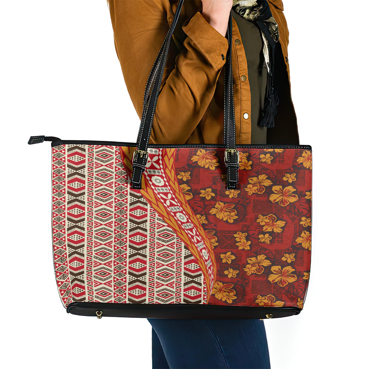 Hawaii Native Tapa Elements and Hibiscus Flowers Leather Tote Bag LT03 - Polynesian Pride