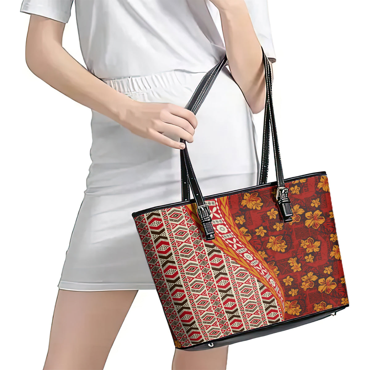 Hawaii Native Tapa Elements and Hibiscus Flowers Leather Tote Bag LT03 - Polynesian Pride