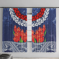 Samoan Tapa Window Curtain Ula Fala and Teuila Flower LT03 With Hooks Blue - Polynesian Pride