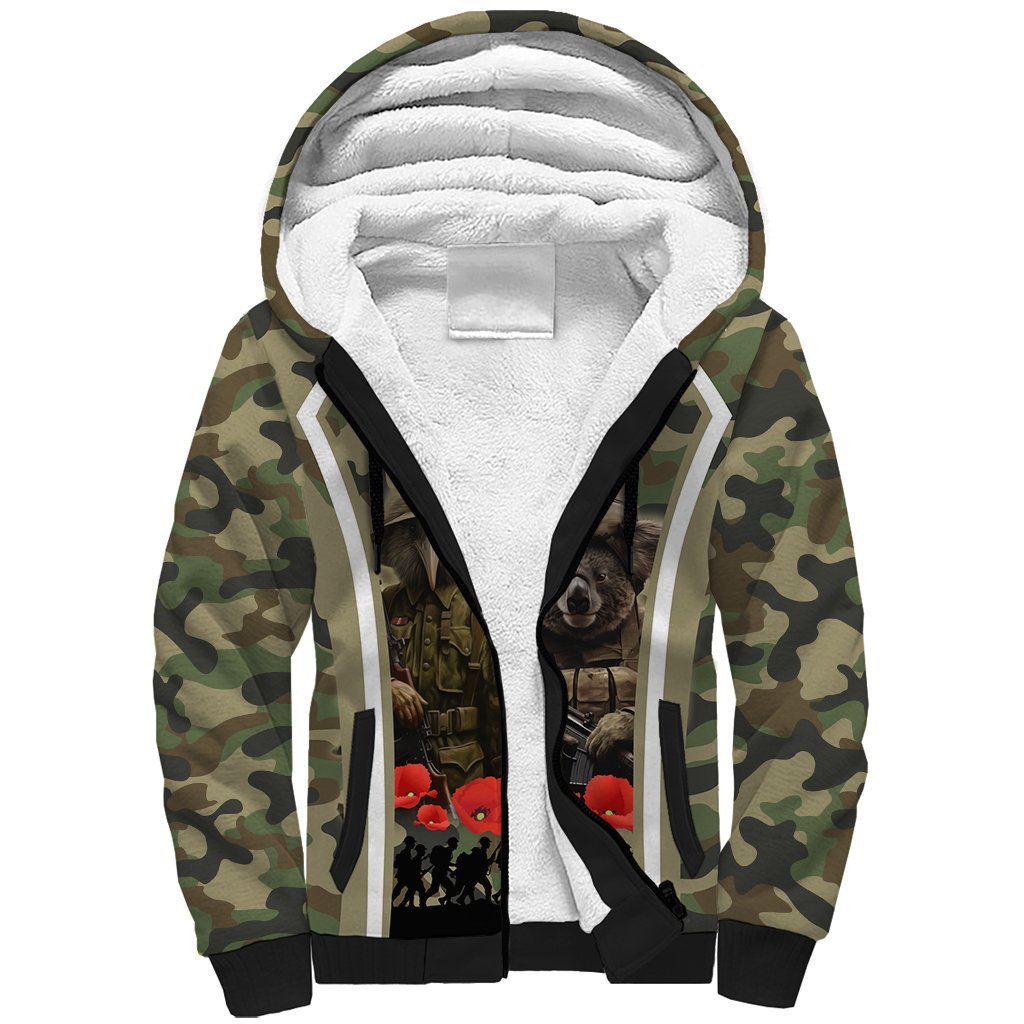New Zealand and Australia ANZAC Day Sherpa Hoodie Koala and Kiwi Bird Soldier Gallipoli Camouflage Style LT03 Unisex Green - Polynesian Pride