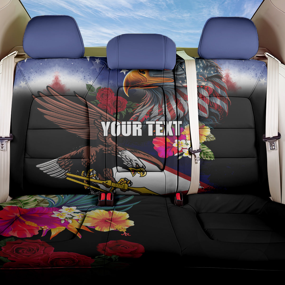 Personalised United States and American Samoa Back Car Seat Cover Bald Eagle Rose and Hibiscus Flower LT03 One Size Blue - Polynesian Pride