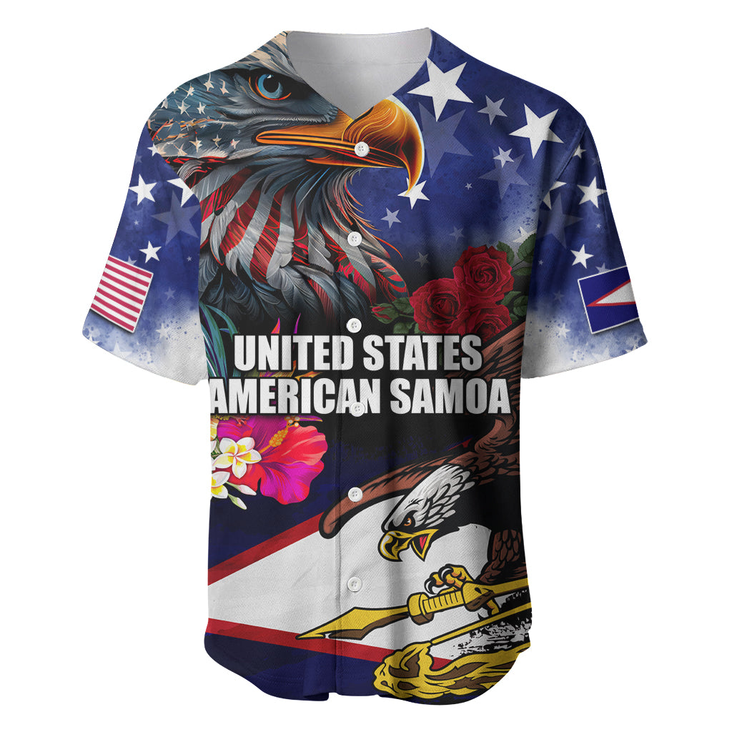 Personalised United States and American Samoa Baseball Jersey Bald Eagle Rose and Hibiscus Flower LT03 Blue - Polynesian Pride