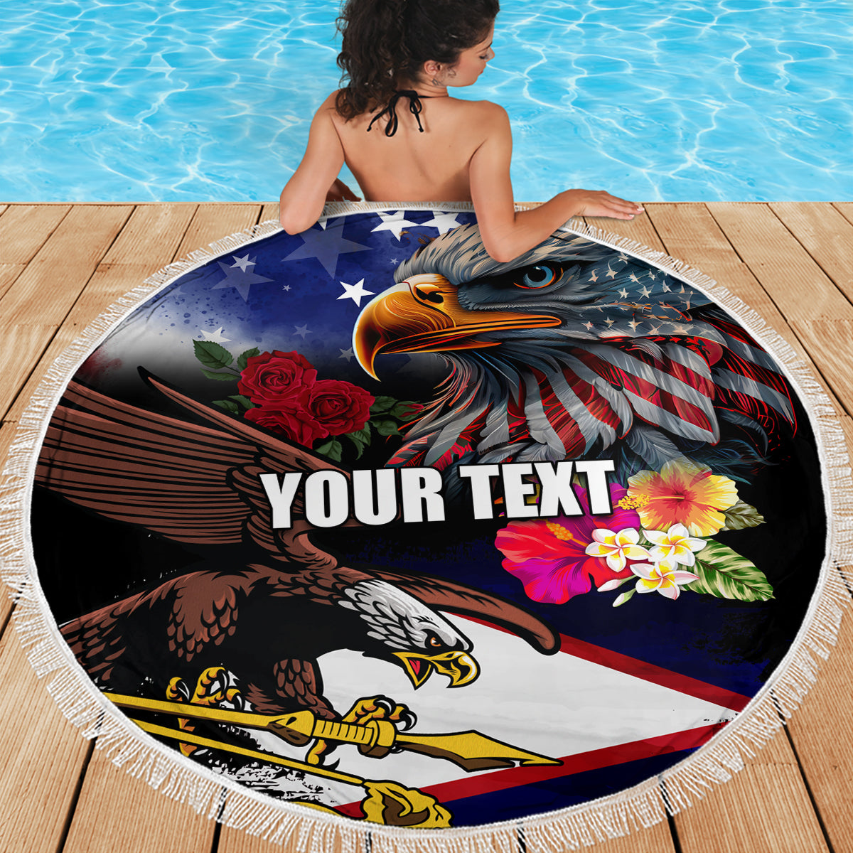 Personalised United States and American Samoa Beach Blanket Bald Eagle Rose and Hibiscus Flower LT03 - Polynesian Pride