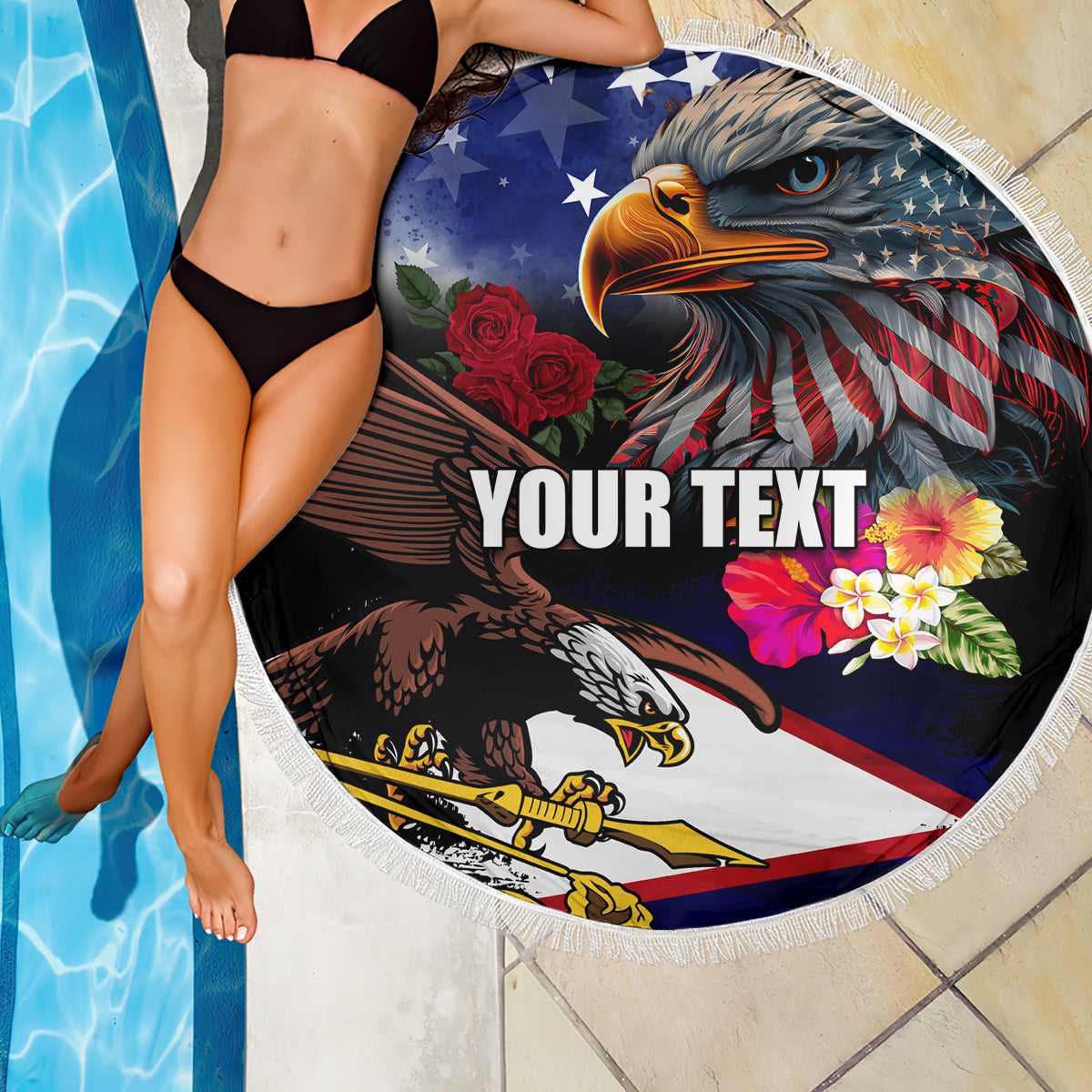 Personalised United States and American Samoa Beach Blanket Bald Eagle Rose and Hibiscus Flower LT03 - Polynesian Pride