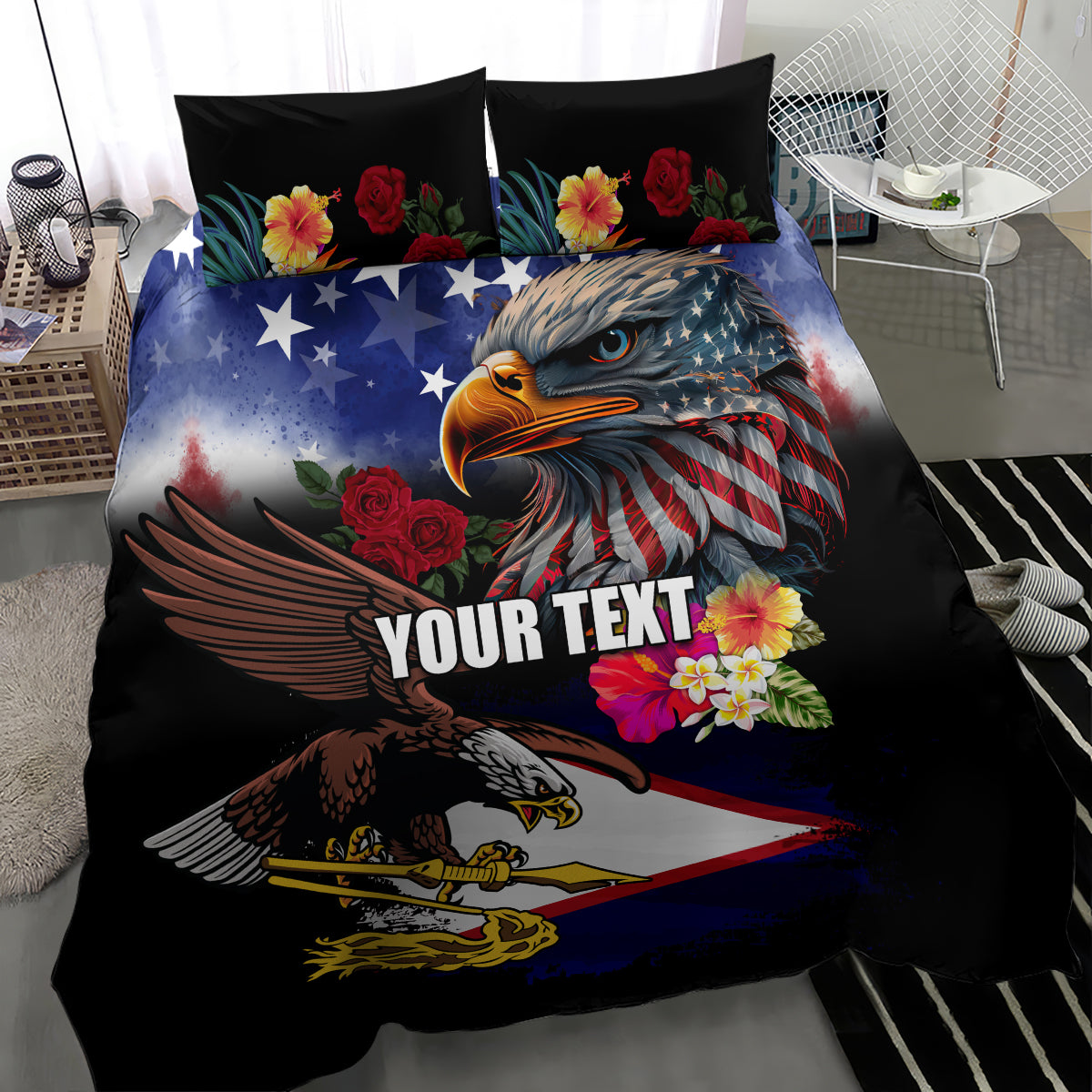 Personalised United States and American Samoa Bedding Set Bald Eagle Rose and Hibiscus Flower LT03 - Polynesian Pride