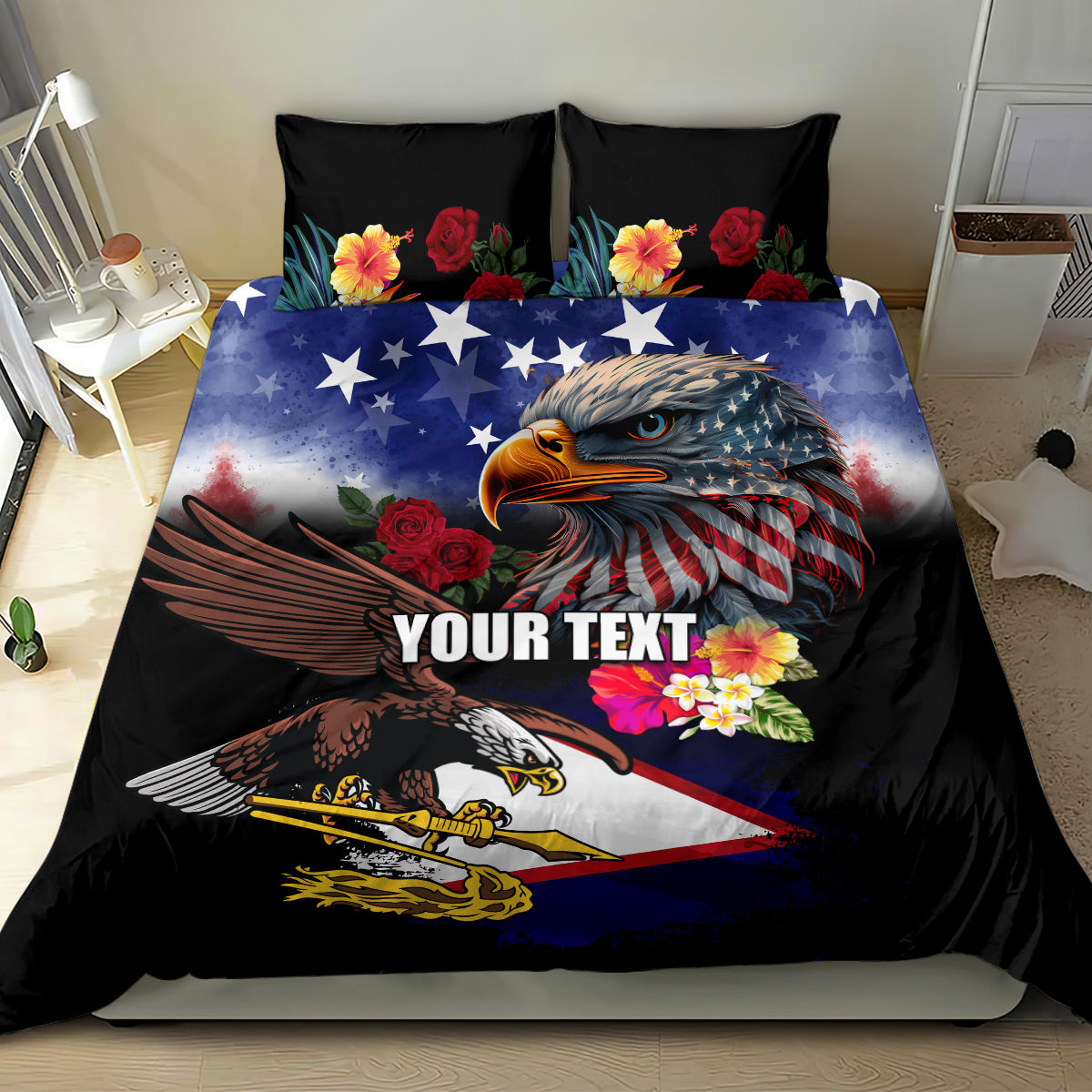 Personalised United States and American Samoa Bedding Set Bald Eagle Rose and Hibiscus Flower LT03 - Polynesian Pride