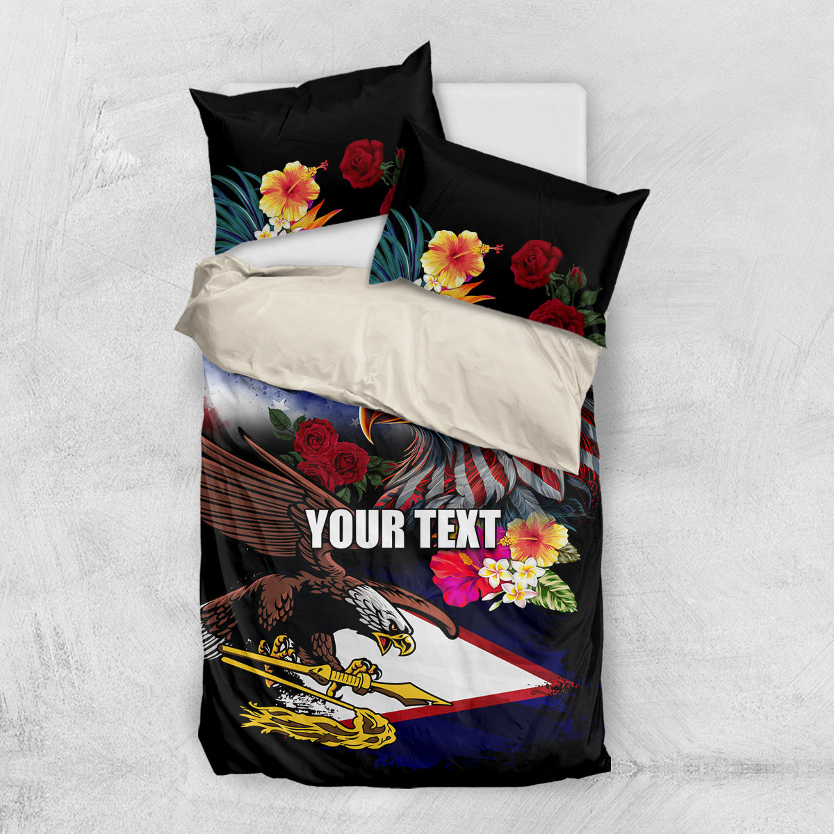 Personalised United States and American Samoa Bedding Set Bald Eagle Rose and Hibiscus Flower LT03 US Twin 172cm x 218cm Blue - Polynesian Pride