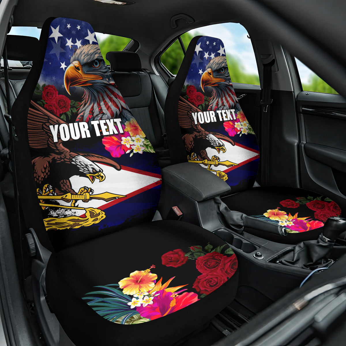 Personalised United States and American Samoa Car Seat Cover Bald Eagle Rose and Hibiscus Flower LT03 One Size Blue - Polynesian Pride
