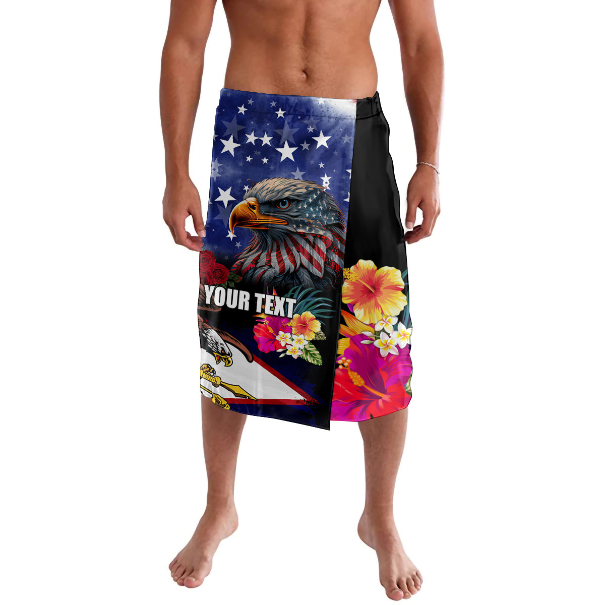 Personalised United States and American Samoa Lavalava Bald Eagle Rose and Hibiscus Flower LT03 Blue - Polynesian Pride