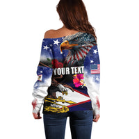 Personalised United States and American Samoa Off Shoulder Sweater Bald Eagle Rose and Hibiscus Flower LT03 - Polynesian Pride