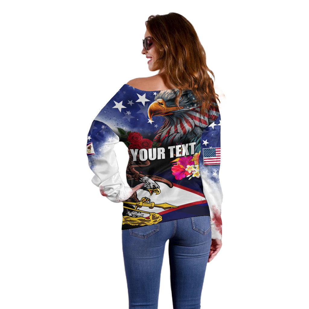 Personalised United States and American Samoa Off Shoulder Sweater Bald Eagle Rose and Hibiscus Flower LT03 - Polynesian Pride