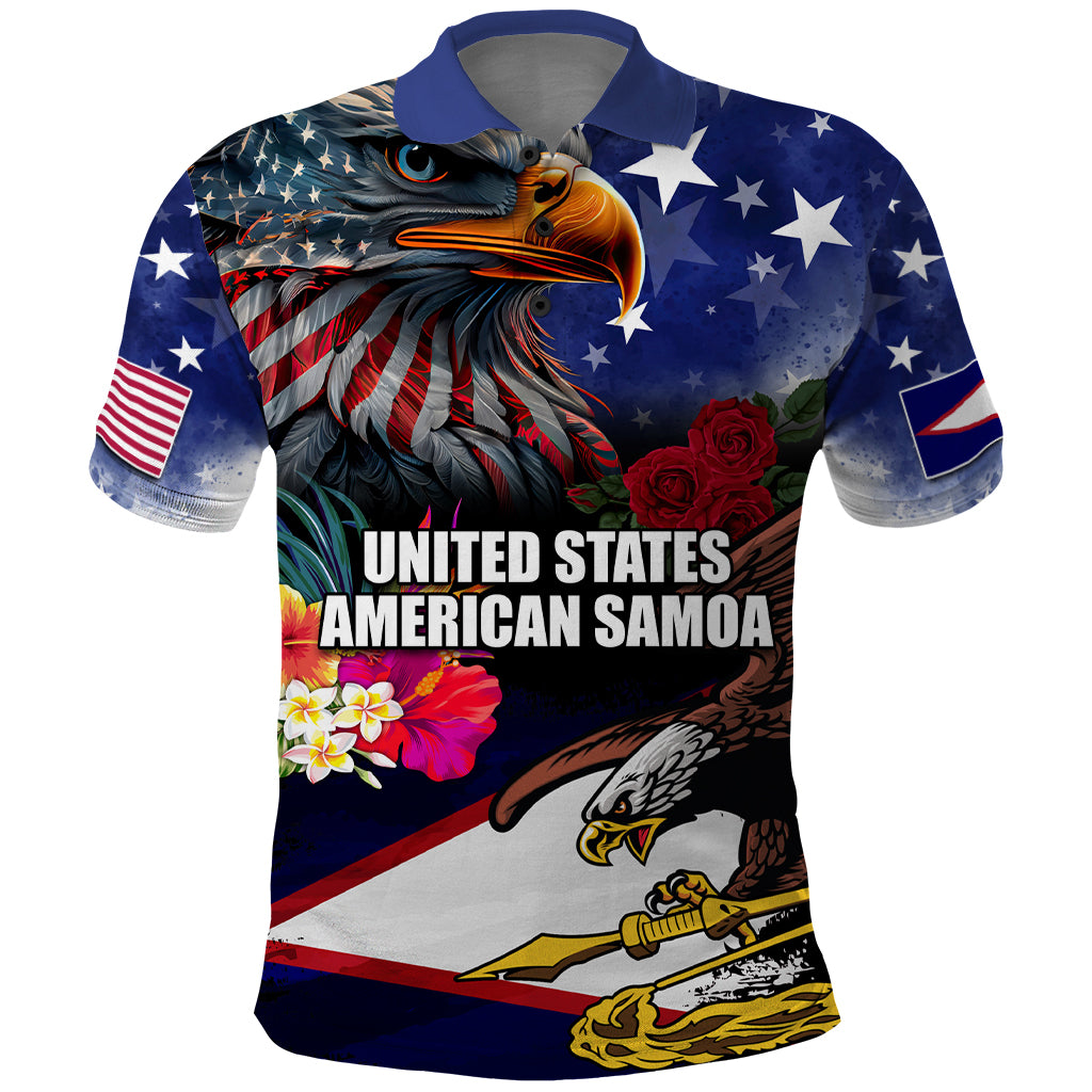 Personalised United States and American Samoa Polo Shirt Bald Eagle Rose and Hibiscus Flower LT03 Blue - Polynesian Pride