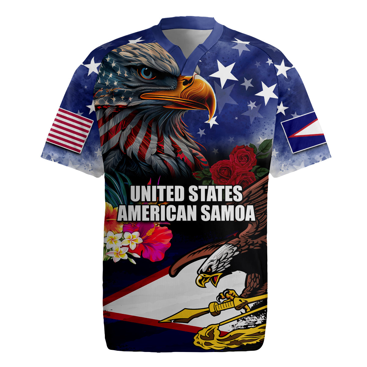 Personalised United States and American Samoa Rugby Jersey Bald Eagle Rose and Hibiscus Flower LT03 Blue - Polynesian Pride
