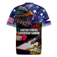 Personalised United States and American Samoa Rugby Jersey Bald Eagle Rose and Hibiscus Flower LT03 Blue - Polynesian Pride