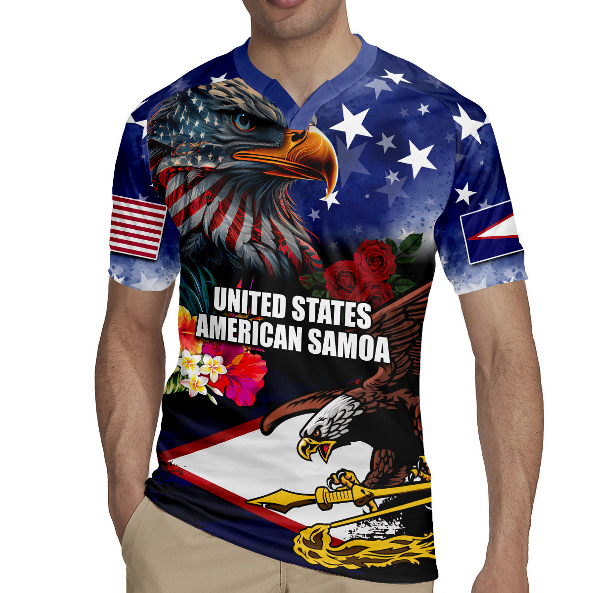 Personalised United States and American Samoa Rugby Jersey Bald Eagle Rose and Hibiscus Flower LT03 - Polynesian Pride
