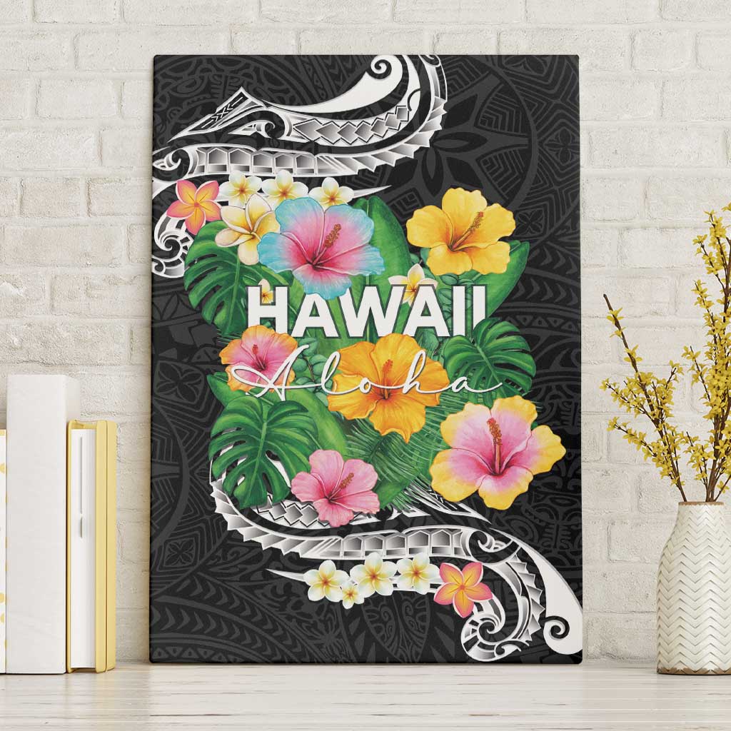 Hawaii Aloha Tropical Leaves and Flower Canvas Wall Art with Polynesian Art Tattoo Black Color LT03 Without Frame Black - Polynesian Pride