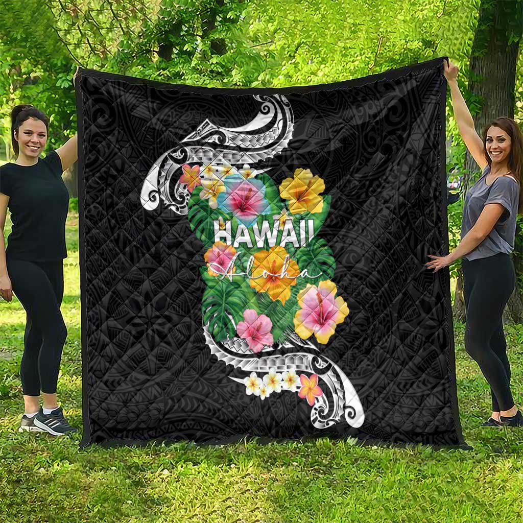 Hawaii Aloha Tropical Leaves and Flower Quilt with Polynesian Art Tattoo Black Color LT03 - Polynesian Pride