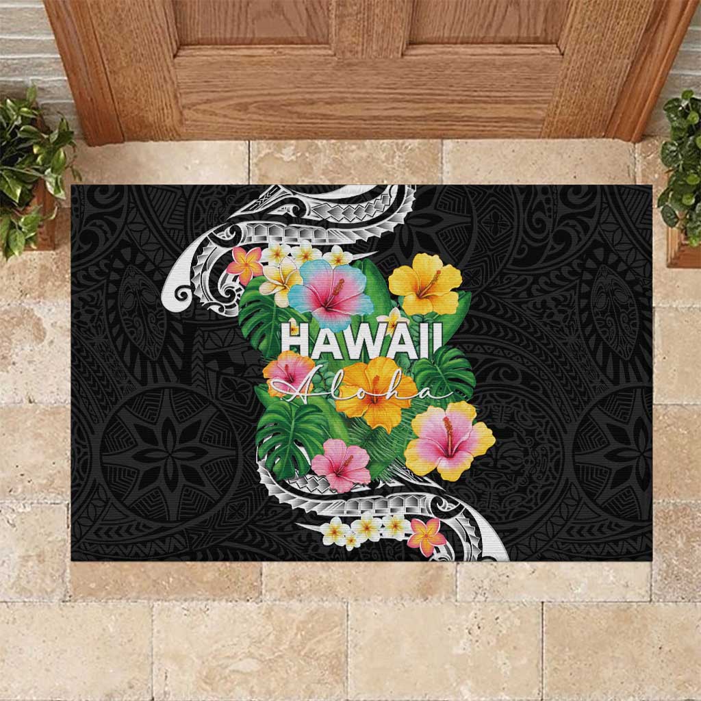 Hawaii Aloha Tropical Leaves and Flower Rubber Doormat with Polynesian Art Tattoo Black Color LT03 Black - Polynesian Pride