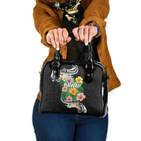 Hawaii Aloha Tropical Leaves and Flower Shoulder Handbag with Polynesian Art Tattoo Black Color LT03 One Size Black - Polynesian Pride