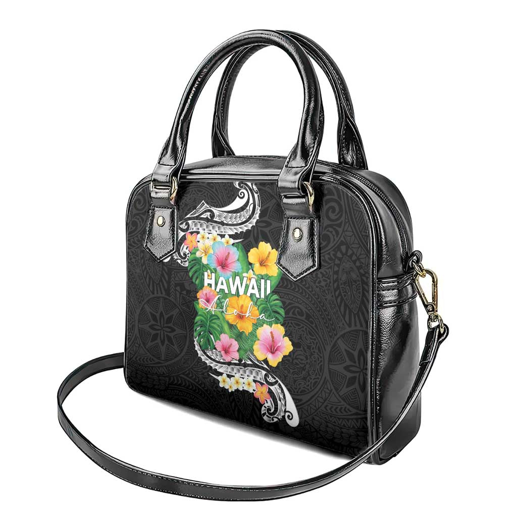 Hawaii Aloha Tropical Leaves and Flower Shoulder Handbag with Polynesian Art Tattoo Black Color LT03 - Polynesian Pride