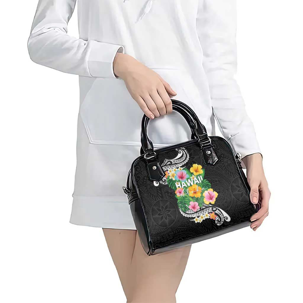 Hawaii Aloha Tropical Leaves and Flower Shoulder Handbag with Polynesian Art Tattoo Black Color LT03 - Polynesian Pride