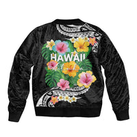 Hawaii Aloha Tropical Leaves and Flower Sleeve Zip Bomber Jacket with Polynesian Art Tattoo Black Color LT03 - Polynesian Pride
