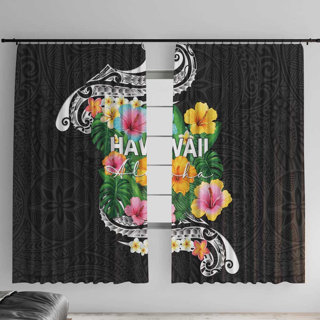 Hawaii Aloha Tropical Leaves and Flower Window Curtain with Polynesian Art Tattoo Black Color LT03 With Hooks Black - Polynesian Pride