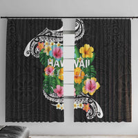 Hawaii Aloha Tropical Leaves and Flower Window Curtain with Polynesian Art Tattoo Black Color LT03 With Hooks Black - Polynesian Pride