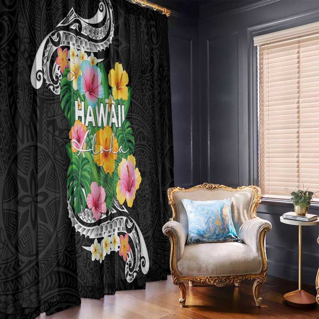 Hawaii Aloha Tropical Leaves and Flower Window Curtain with Polynesian Art Tattoo Black Color LT03 - Polynesian Pride