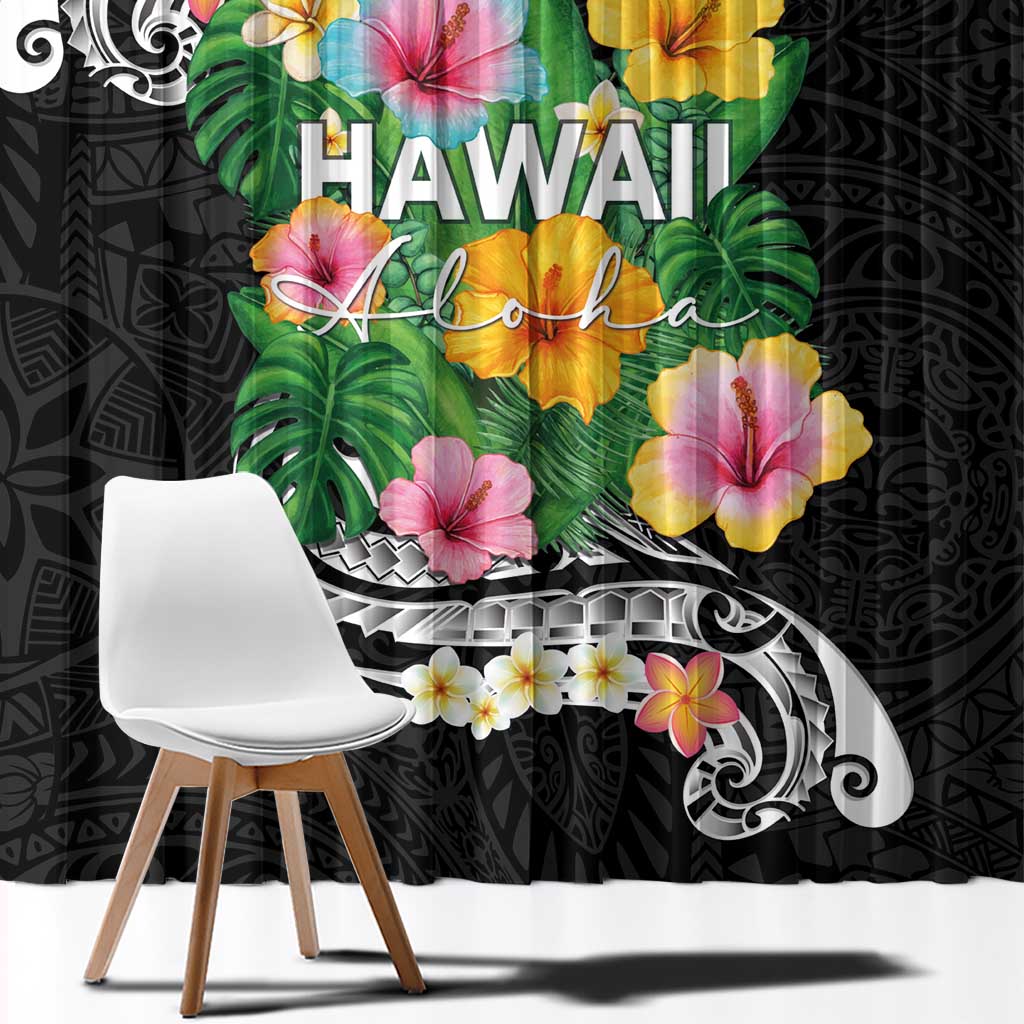Hawaii Aloha Tropical Leaves and Flower Window Curtain with Polynesian Art Tattoo Black Color LT03 - Polynesian Pride