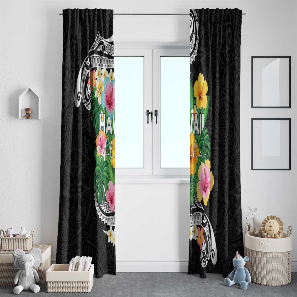 Hawaii Aloha Tropical Leaves and Flower Window Curtain with Polynesian Art Tattoo Black Color LT03 - Polynesian Pride