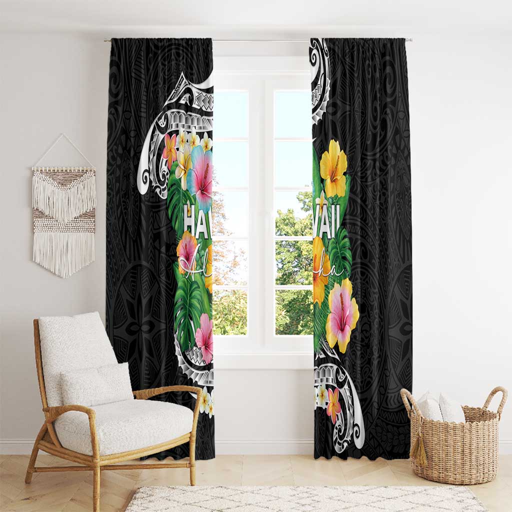 Hawaii Aloha Tropical Leaves and Flower Window Curtain with Polynesian Art Tattoo Black Color LT03 - Polynesian Pride