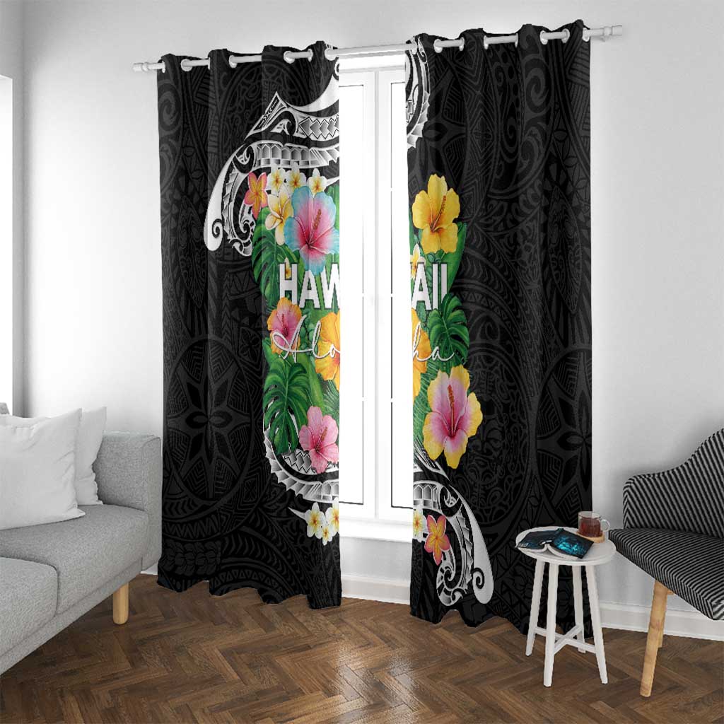 Hawaii Aloha Tropical Leaves and Flower Window Curtain with Polynesian Art Tattoo Black Color LT03 With Grommets Black - Polynesian Pride