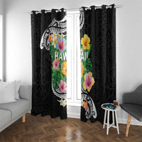 Hawaii Aloha Tropical Leaves and Flower Window Curtain with Polynesian Art Tattoo Black Color LT03 With Grommets Black - Polynesian Pride