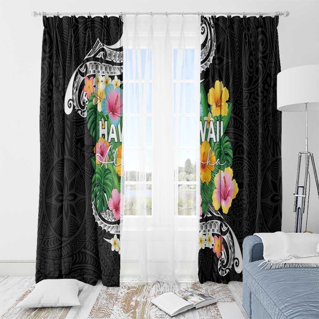 Hawaii Aloha Tropical Leaves and Flower Window Curtain with Polynesian Art Tattoo Black Color LT03 - Polynesian Pride