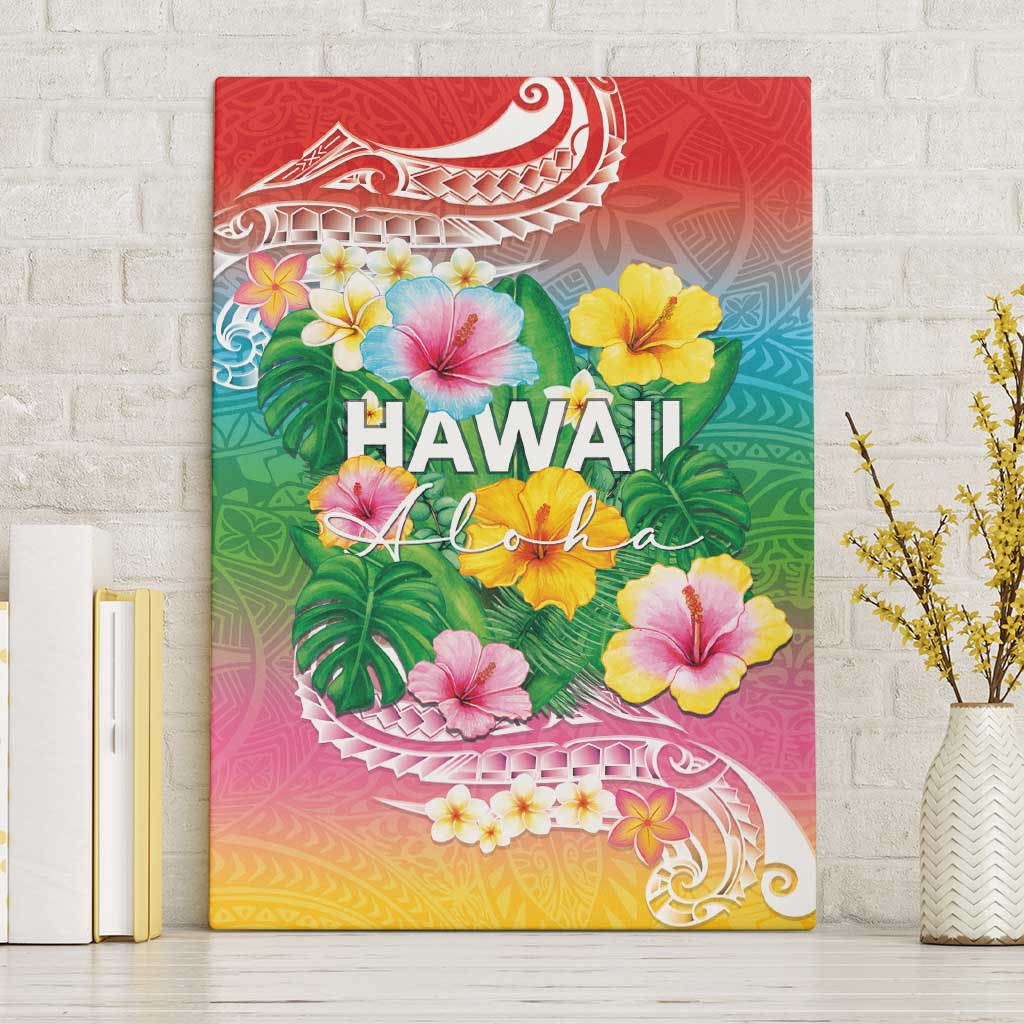 Hawaii Aloha Tropical Leaves and Flower Canvas Wall Art with Polynesian Art Tattoo Rainbow Color LT03 Without Frame Rainbow - Polynesian Pride