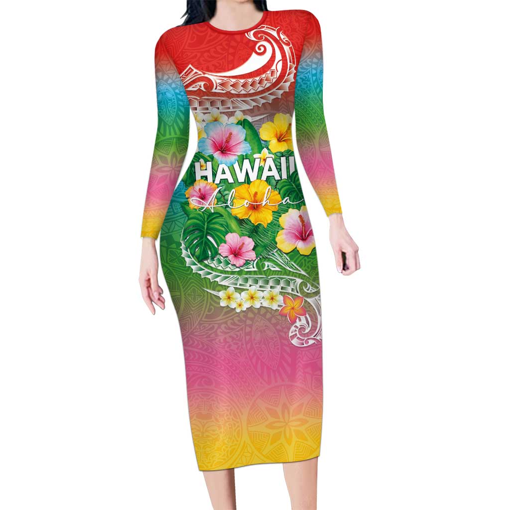 Hawaii Aloha Tropical Leaves and Flower Long Sleeve Bodycon Dress with Polynesian Art Tattoo Rainbow Color LT03 Long Dress Rainbow - Polynesian Pride